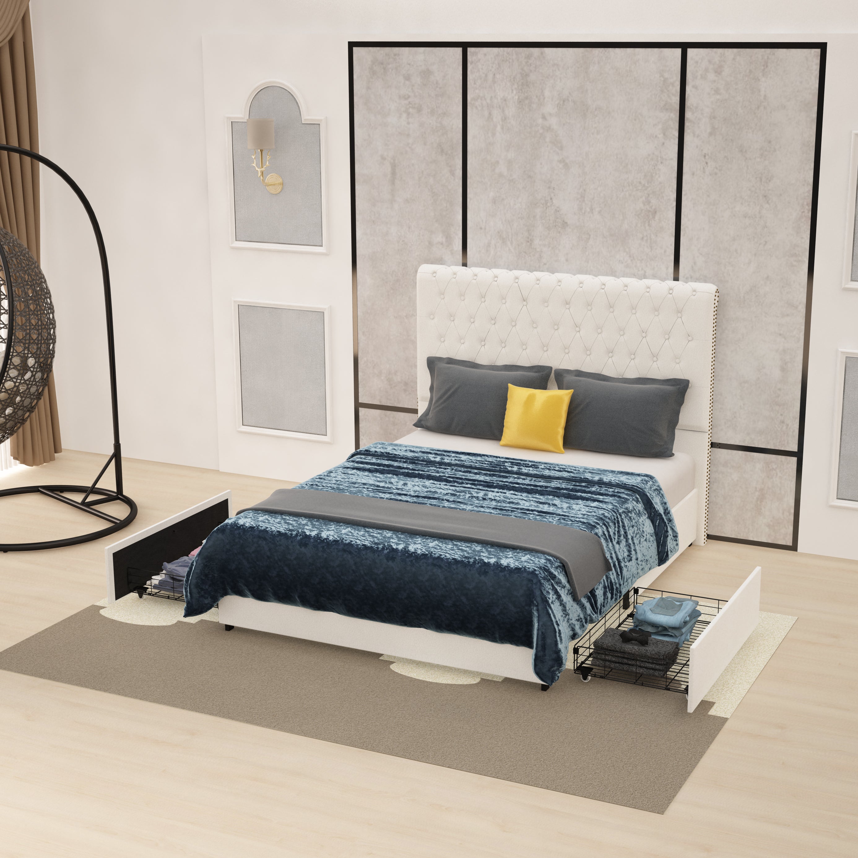 Cama Queen Tapizada en Terciopelo con Marco Metálico