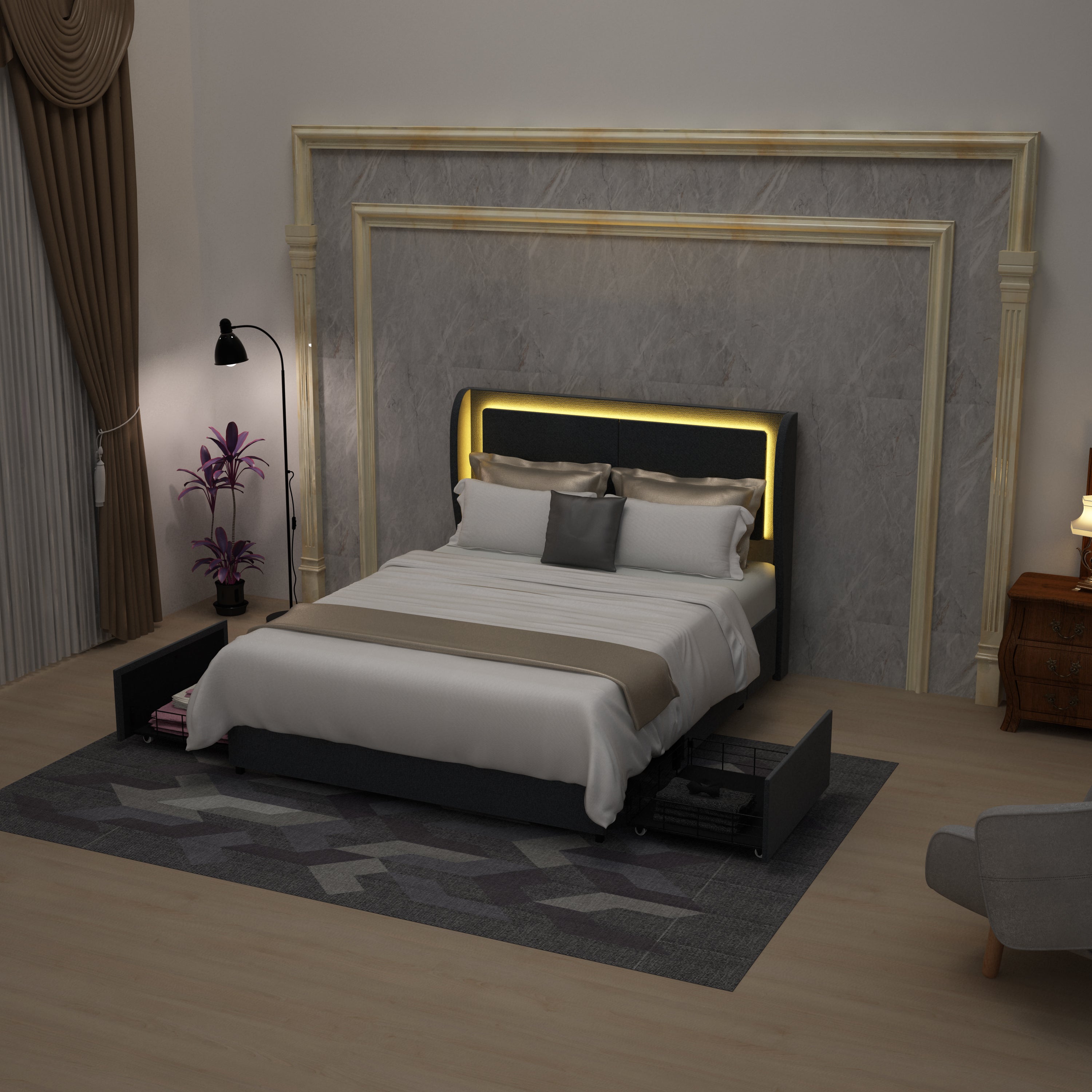Cama Queen Tapizada en Lino con Marco Metálico y Luz LED Integrada