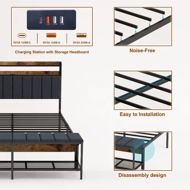 Cama Queen Elegante con Marco Metálico y Luz LED Integrada